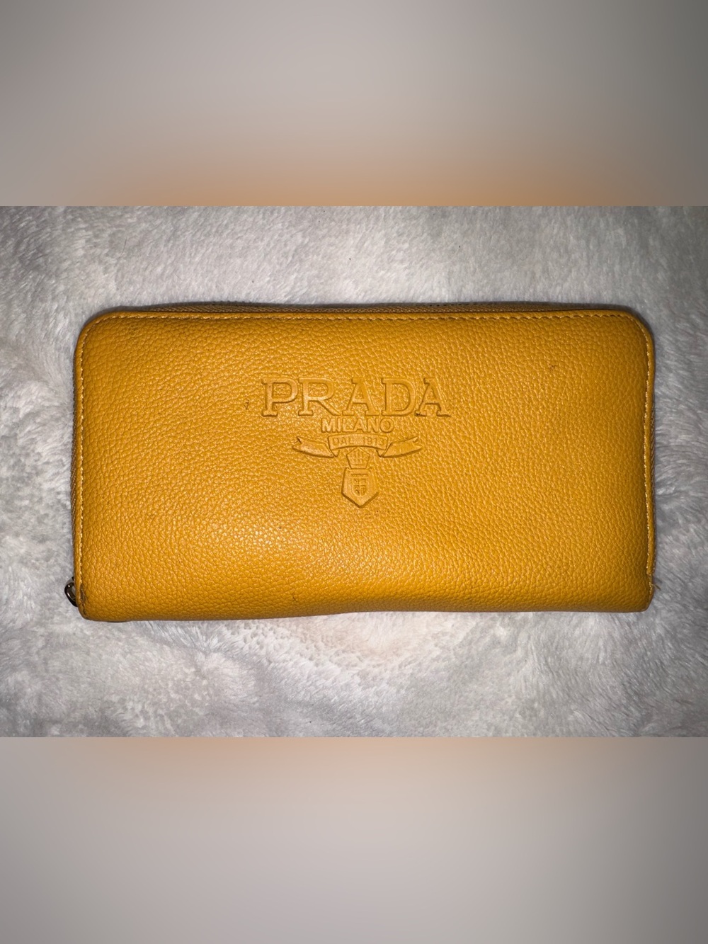 Prada inspired Pebbled Mustard Leather Zip Wallet